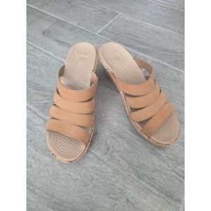Crocs A- Leigh Tan Leather‎ Wedge Slide Sandals Women Size 9 Cork Detail Comfort